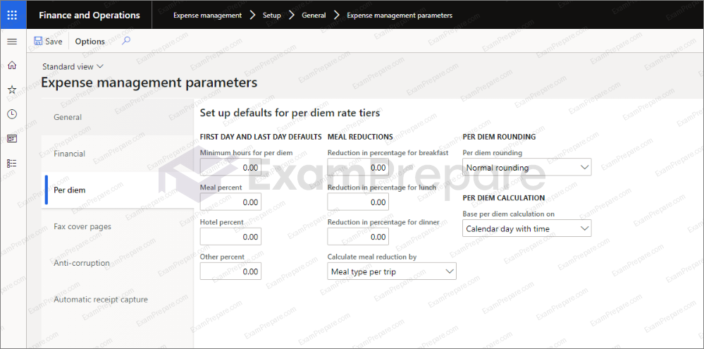 Screenshot of the Expense management parameters page. Under First Day And Last Day Defaults, the values for Minimum hours for per diem, Meal percent, Hotel percent, and Other percent are set to 0.00. Under Meal Reductions, the values for Reduction in percentage for breakfast, Reduction in percentage for lunch, and Reduction in percentage for dinner are set to 0.00. Calculate meal reduction by is set to Meal type per trip. Under Per Diem Rounding, the Per diem rounding setting is set to Normal rounding. Under Per Diem calculation on, the Base per diem calculation on is set to Calendar day with time.