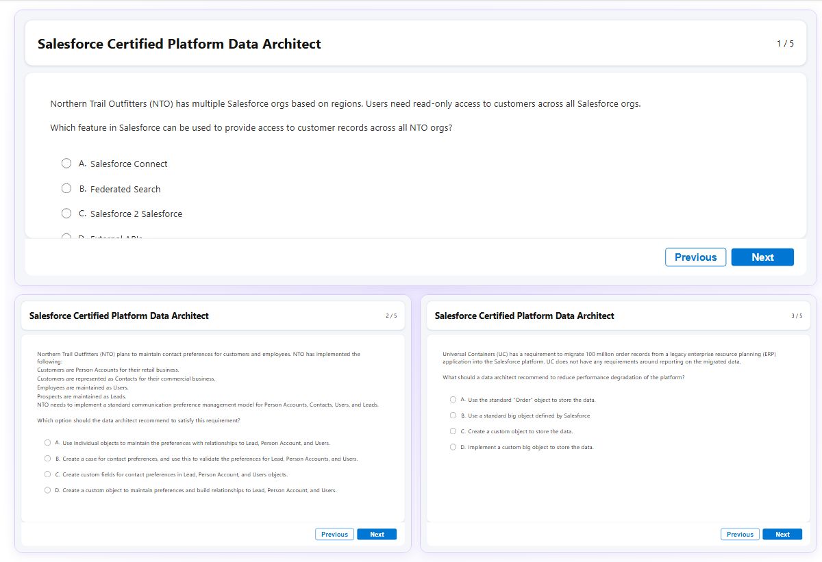 Previews from the Salesforce Certified Platform Data Architect free simulator sample