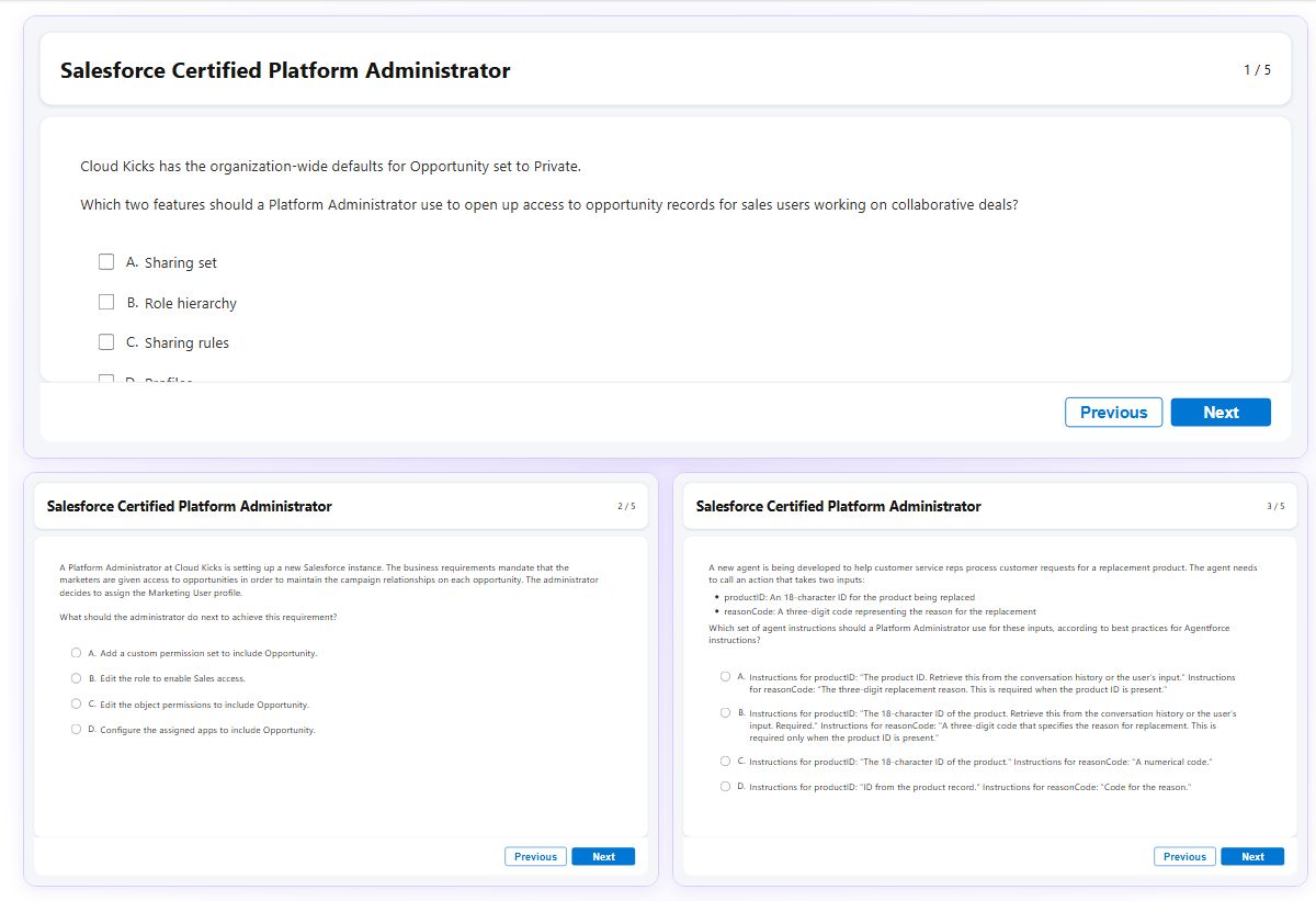 Previews from the Certified Platform Administrator free simulator sample