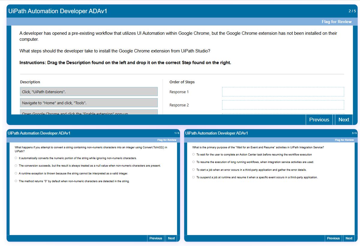 Previews from the UiPath Automation Developer ADAv1 free simulator sample