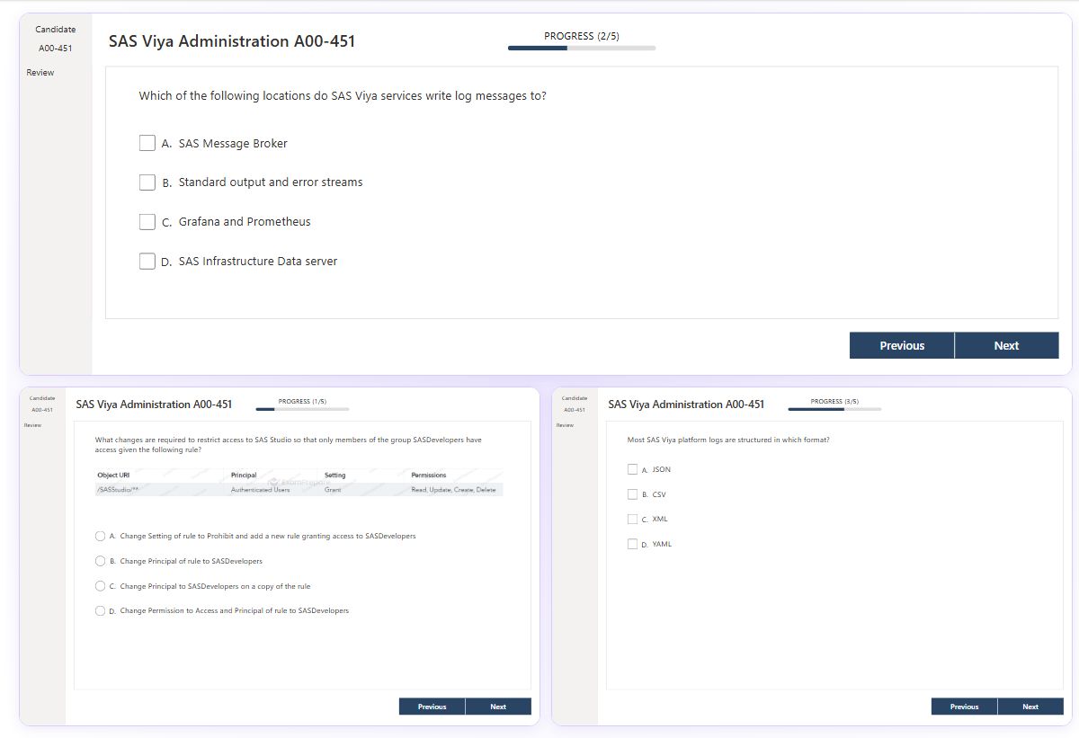 Previews from the SAS Viya Administration A00-451 free simulator sample