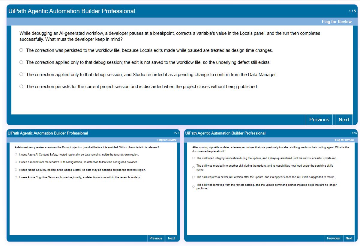 Previews from the UiPath Agentic Automation Builder Professional free simulator sample