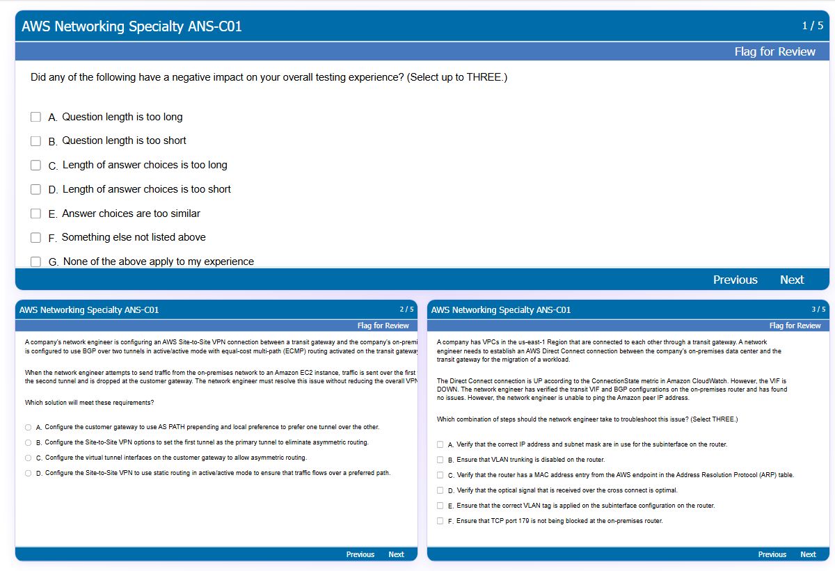 Previews from the Networking Specialty ANS-C01 free simulator sample