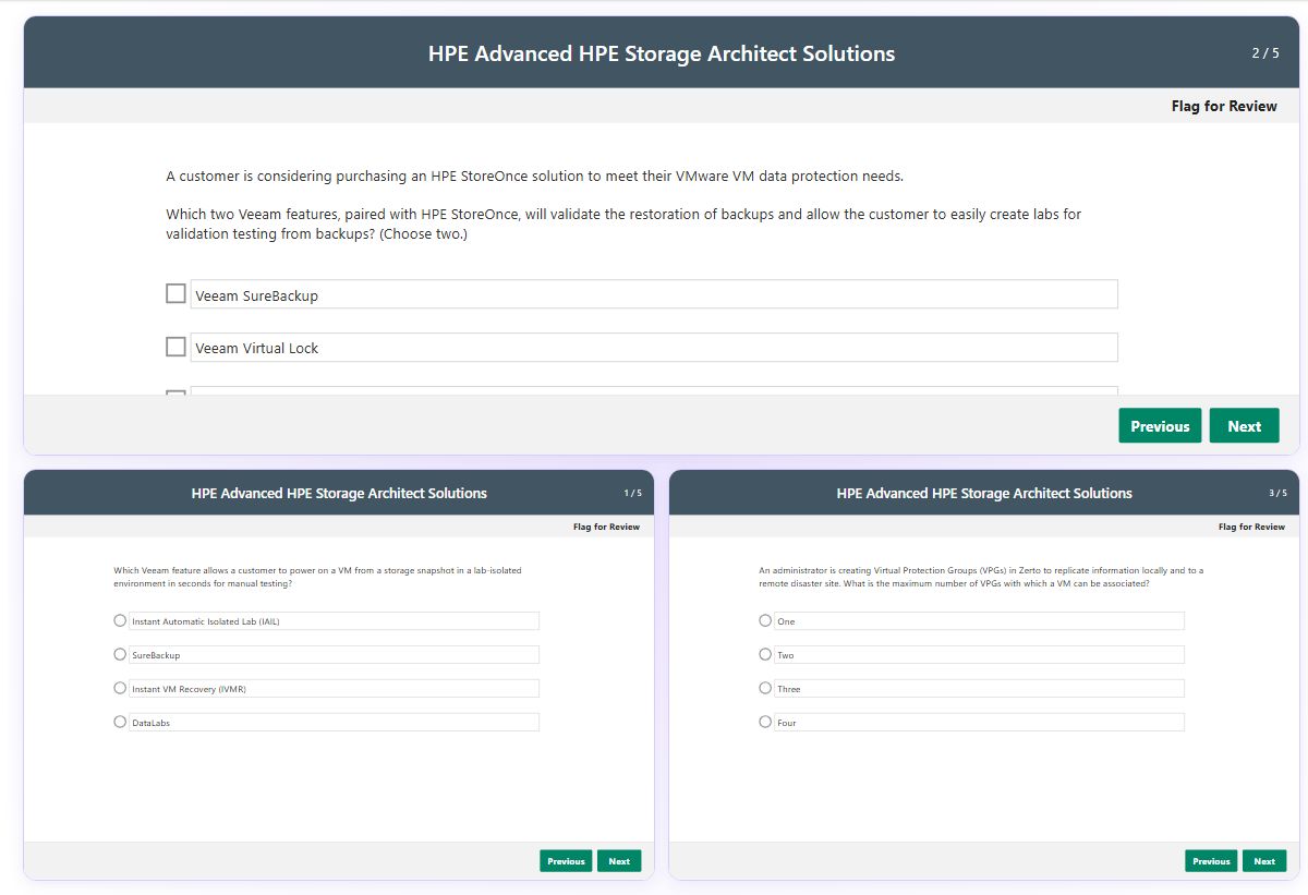 Previews from the Advanced HPE Storage Architect Solutions free simulator sample