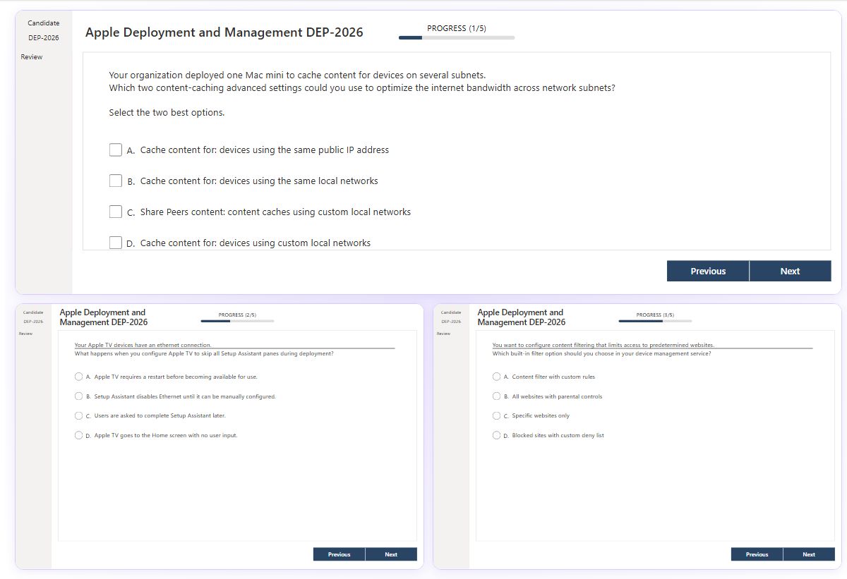 Previews from the Apple Deployment and Management DEP-2026 free simulator sample