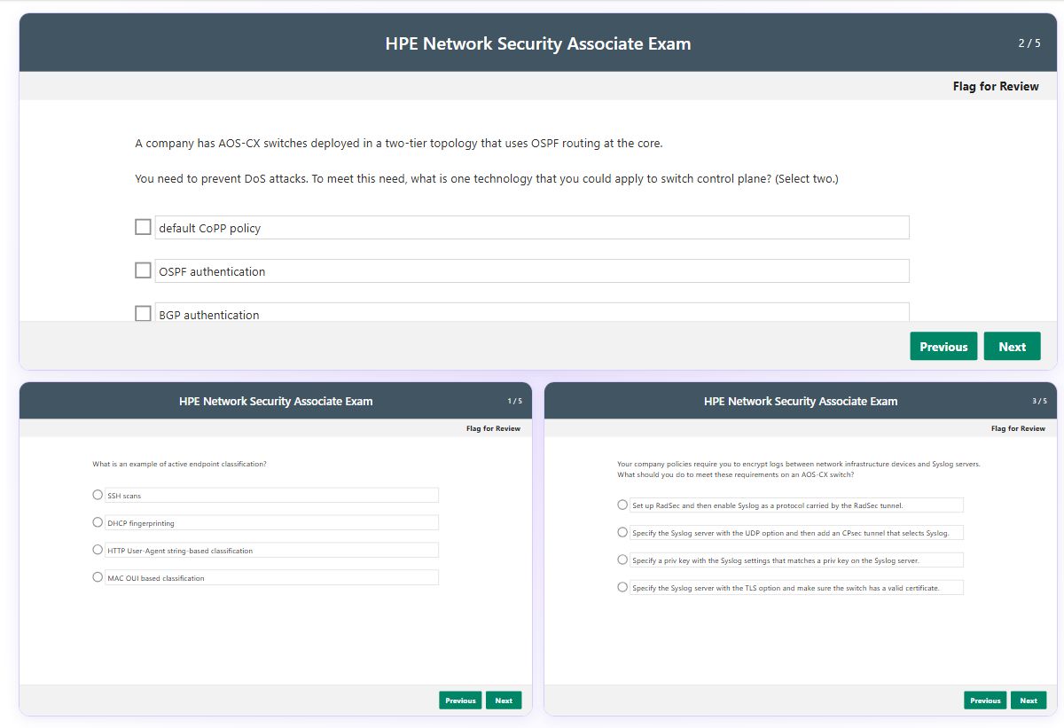 Previews from the HPE Network Security Associate Exam free simulator sample