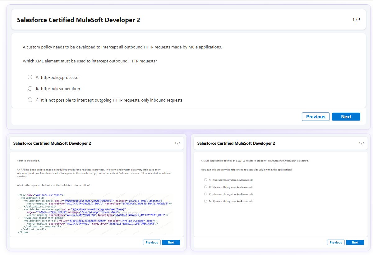 Previews from the Certified MuleSoft Developer 2 free simulator sample
