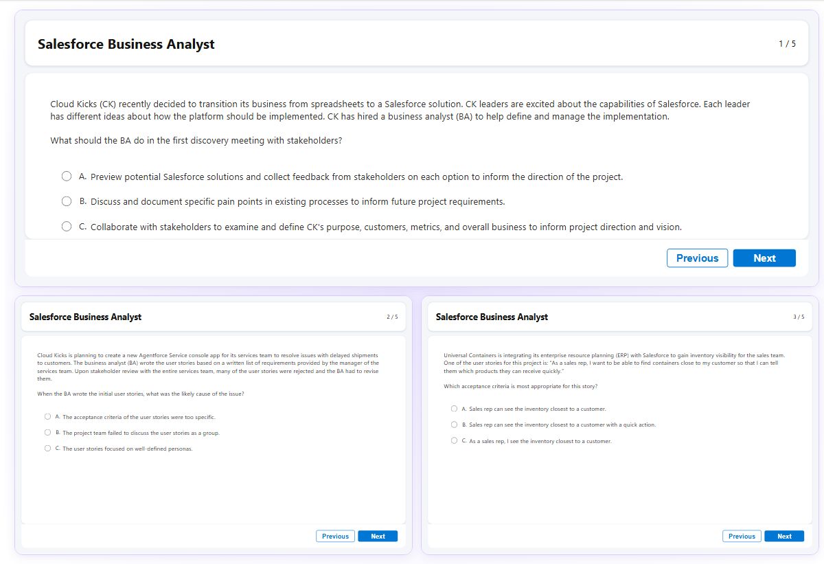 Previews from the Business Analyst free simulator sample