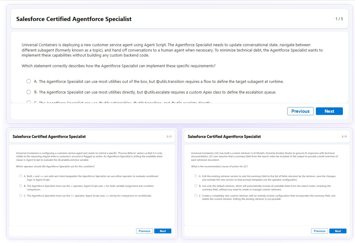 Previews from the Certified Agentforce Specialist free simulator sample