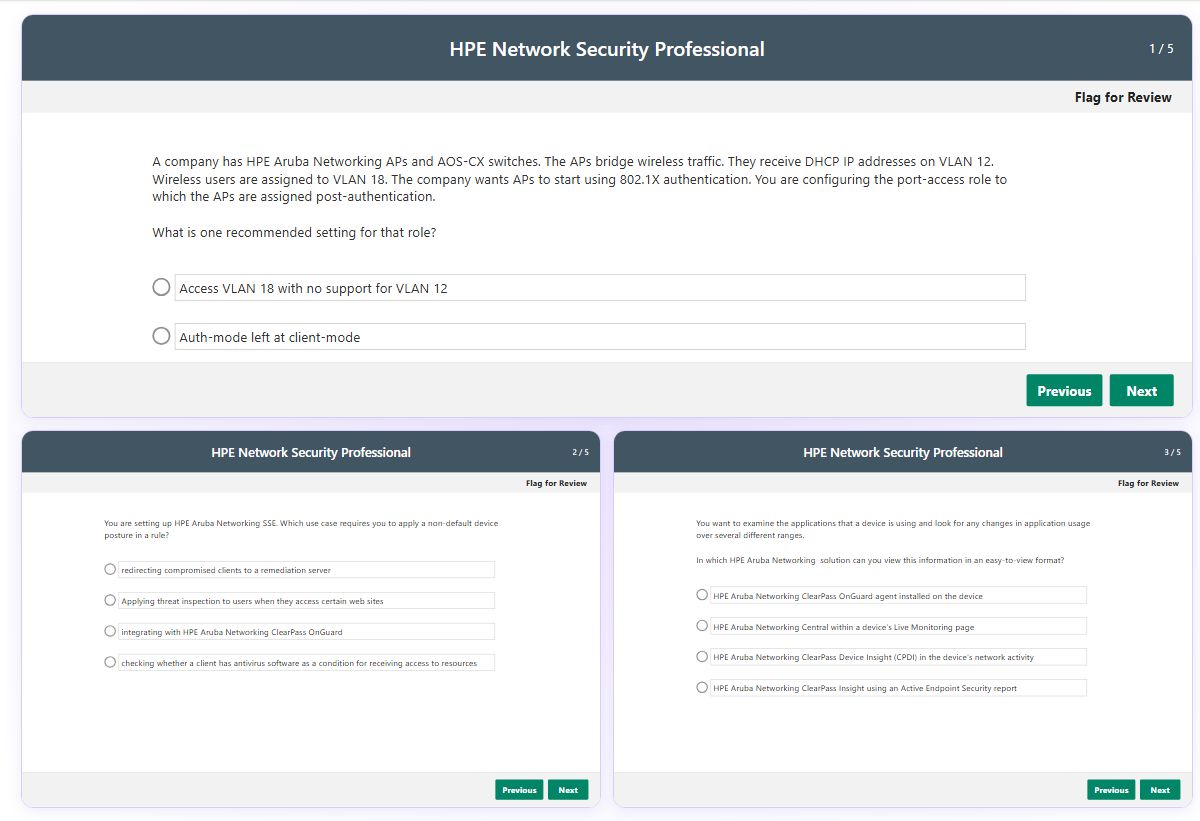 Previews from the HPE Network Security Professional free simulator sample