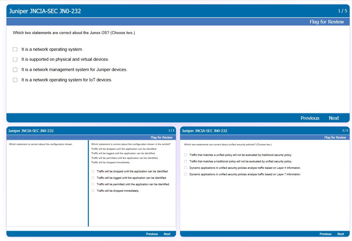 Previews from the JNCIA-SEC JN0-232 free simulator sample
