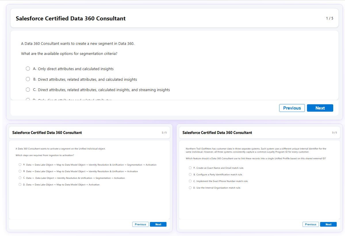 Previews from the Certified Data 360 Consultant free simulator sample