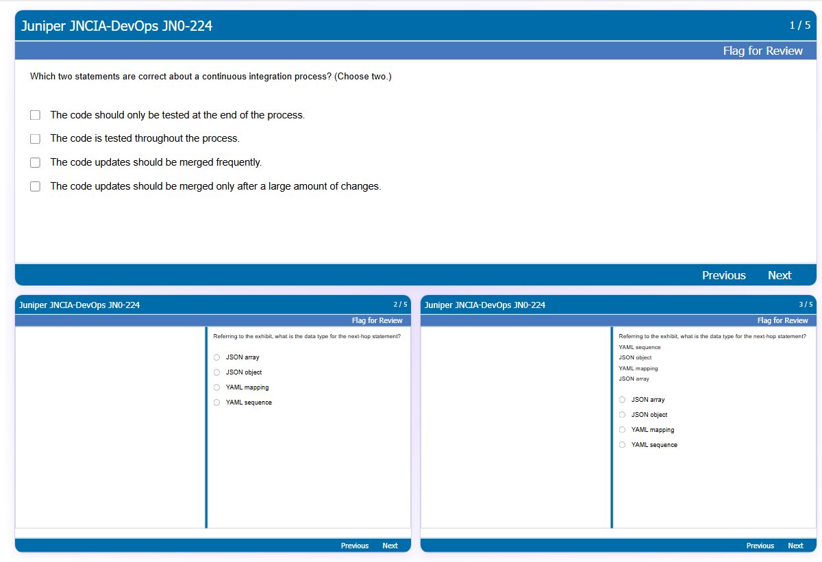 Previews from the JNCIA-DevOps JN0-224 free simulator sample