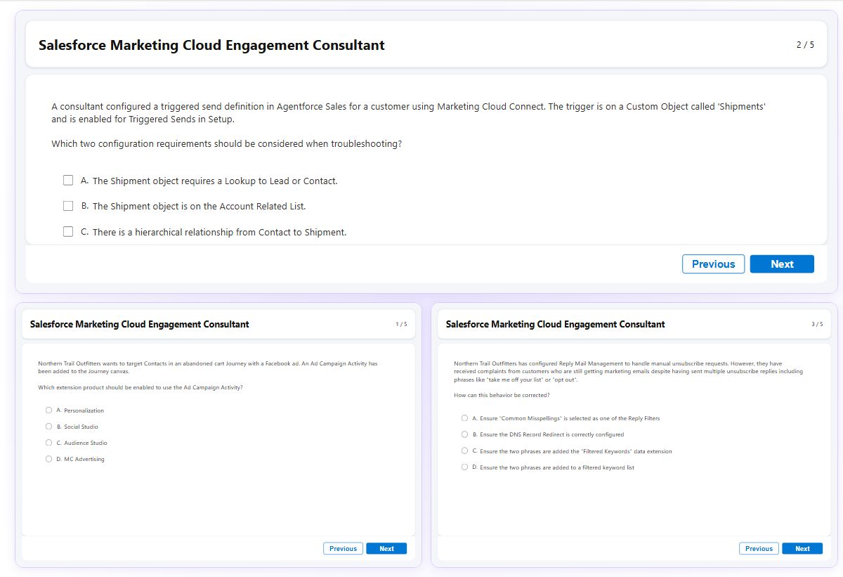 Previews from the Marketing Cloud Engagement Consultant free simulator sample