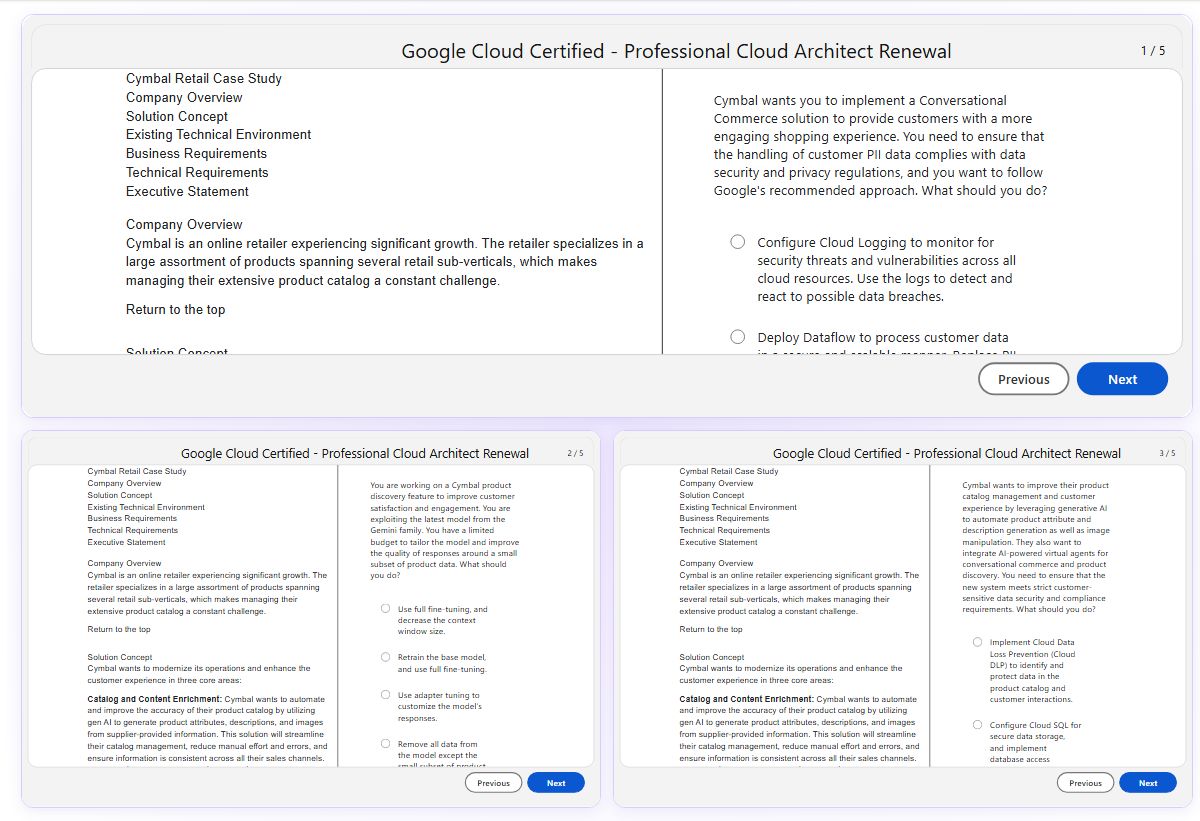 Previews from the Google Cloud Certified - Professional Cloud Architect Renewal free simulator sample