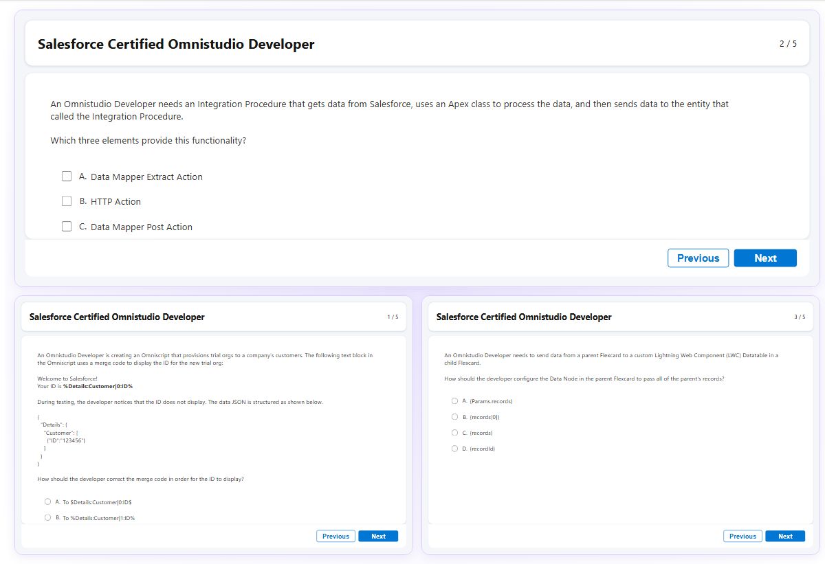 Previews from the Certified Omnistudio Developer free simulator sample